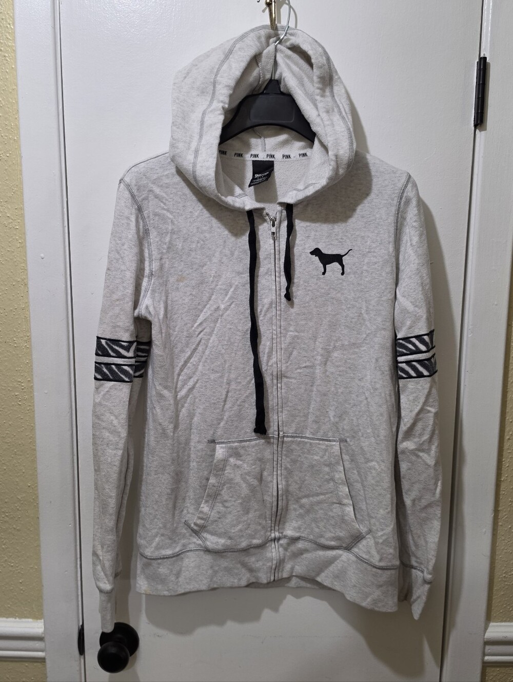 PINK Victoria's Secret Light Gray Full-Zip Hoodie with Black Dog Logo